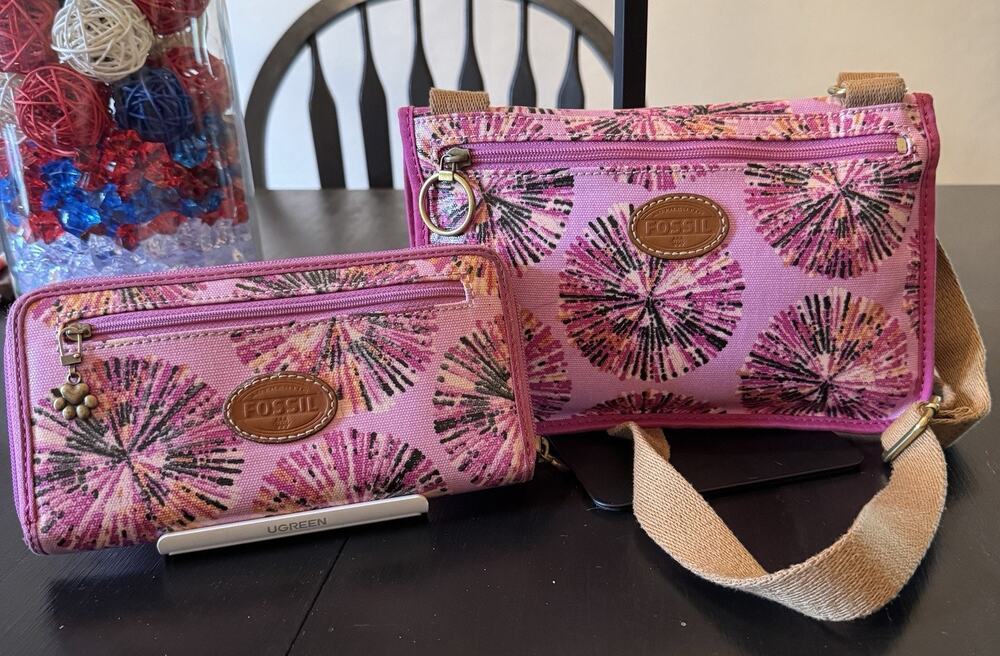 Fossil Pink Pom Pom Fireworks Mini Flap Crossbody Bag & Matching Wallet